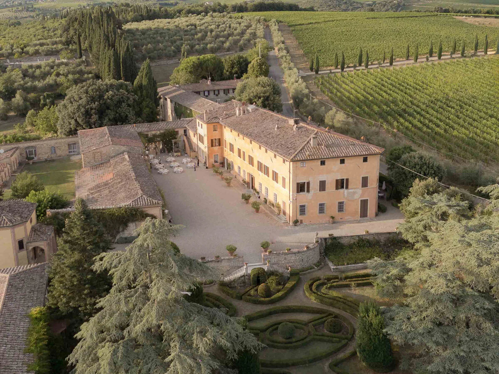 Tuscan countryside at sunset during a destination wedding